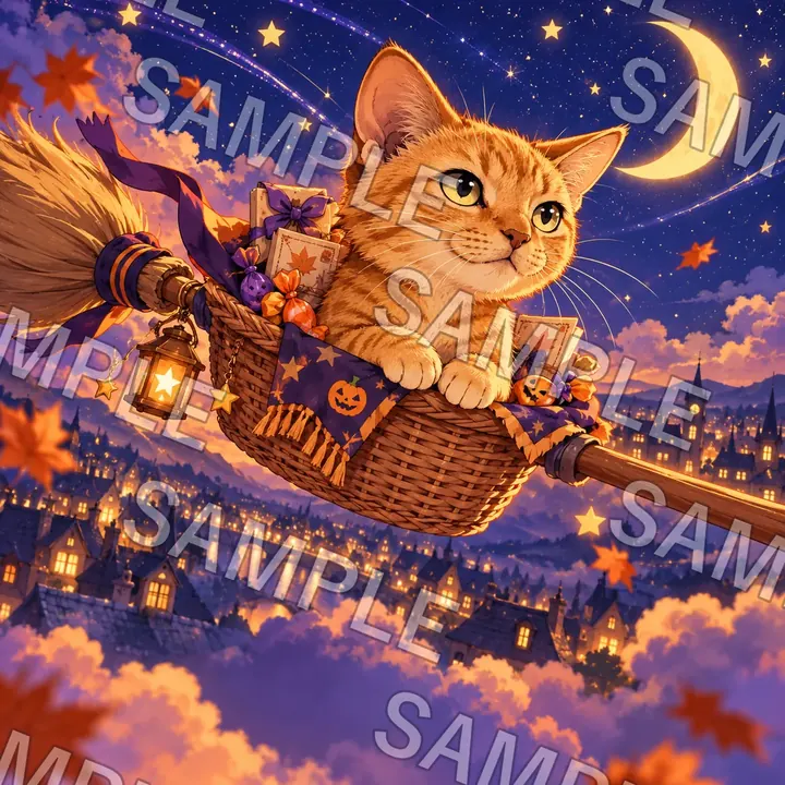 かごに乗って夜空を飛ぶチャトラ