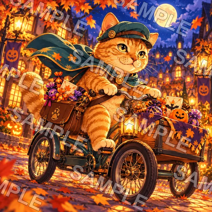 三輪車でお菓子を届けるチャトラ